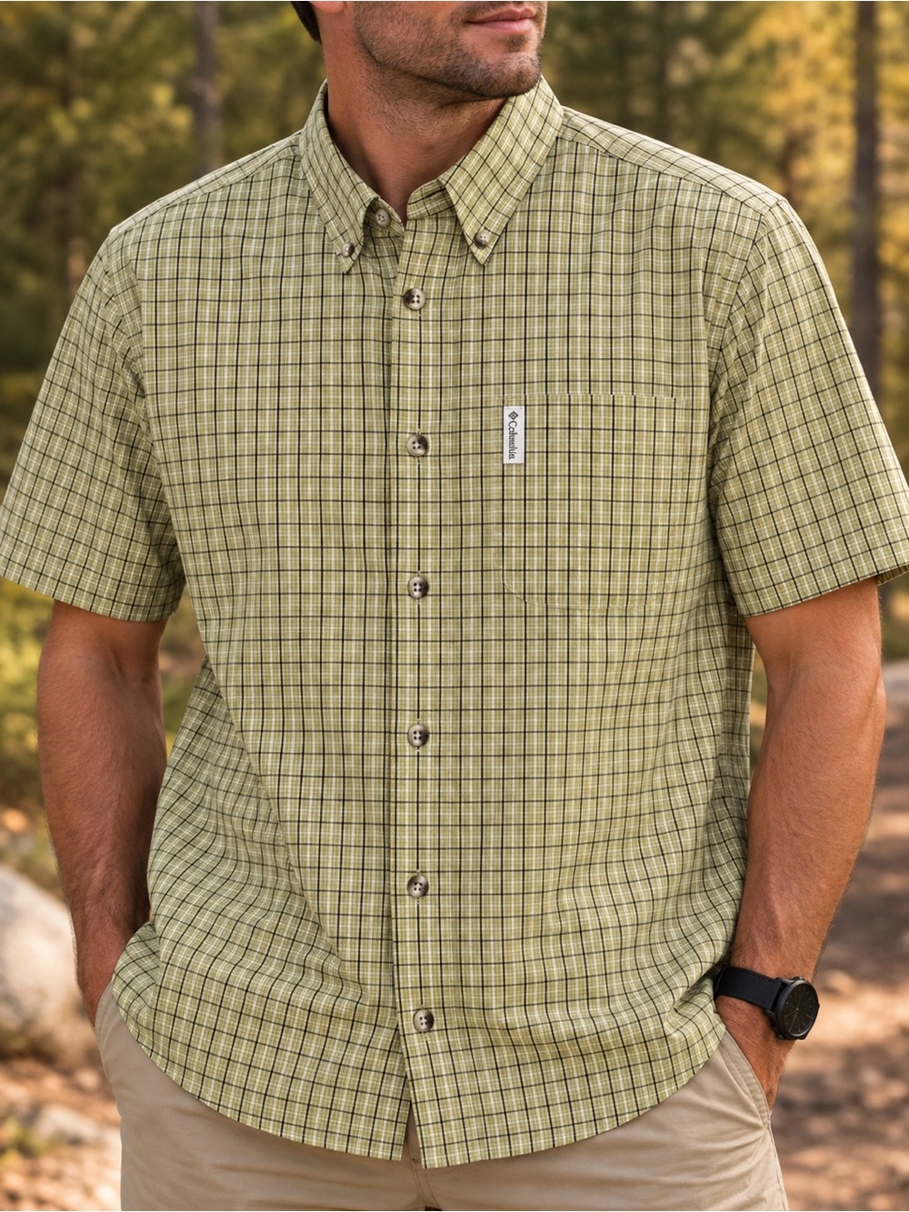 COLUMBIA Plaid Button Down Shirt Cotton Outdoor Travel Hiking Green Mens XL